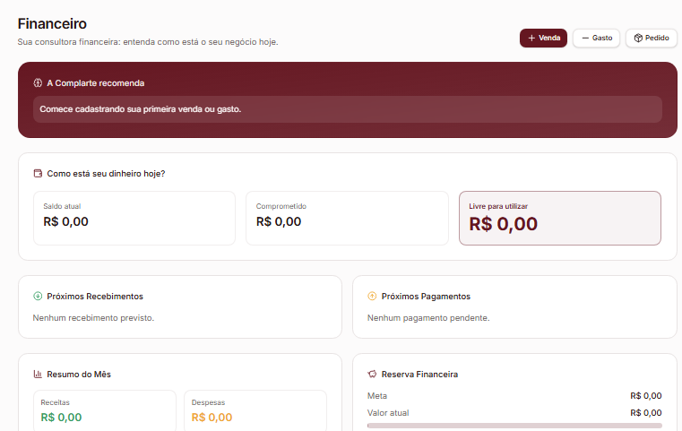 Painel financeiro da Complarte com saldo, reserva e valor livre
