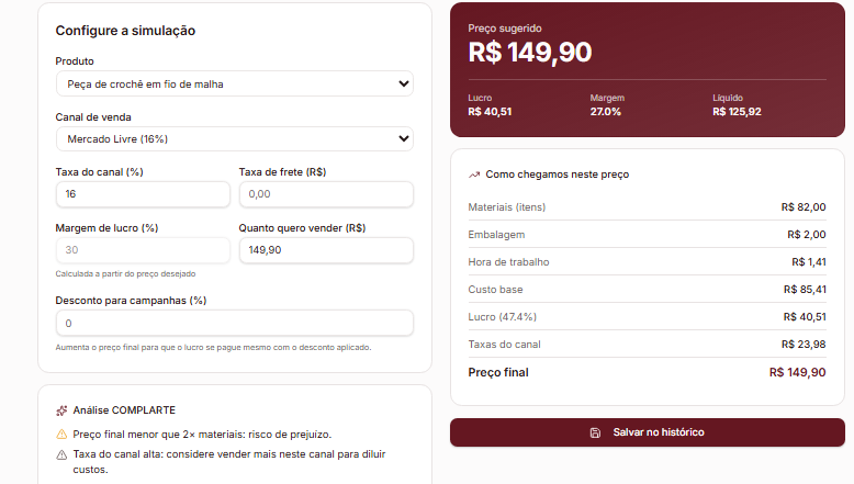 Simulação de preço de um produto artesanal na Complarte